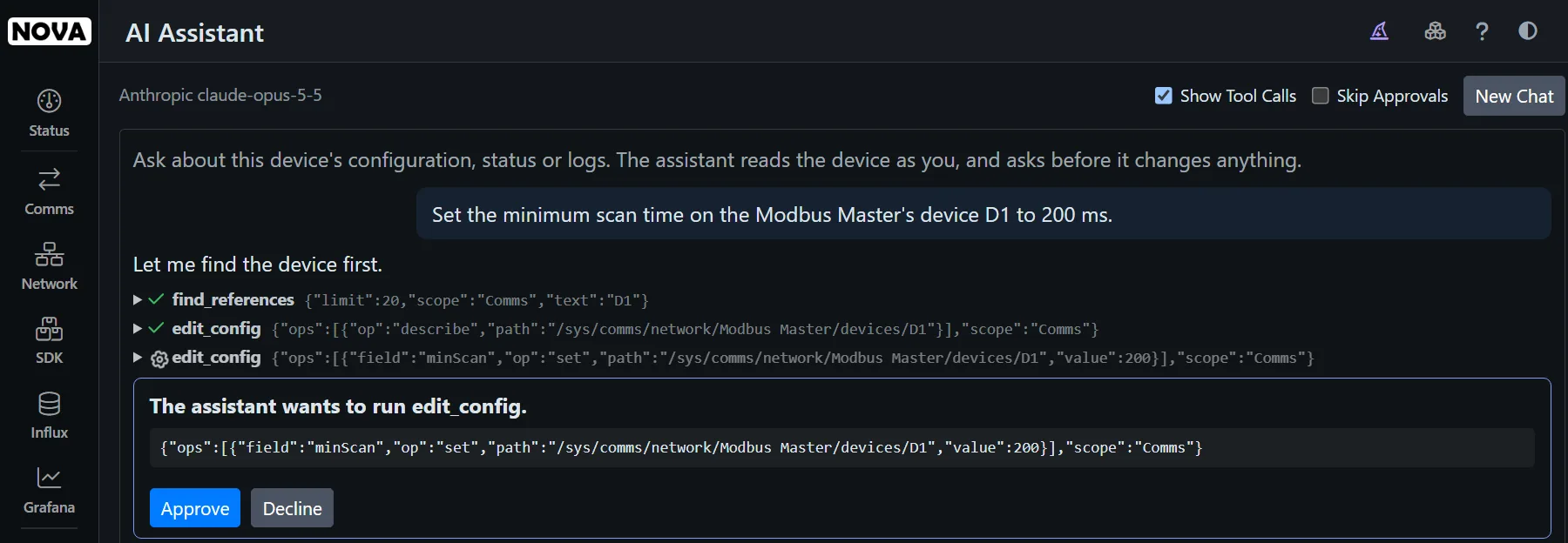 The assistant asking for approval before it changes a Modbus device's minimum scan time