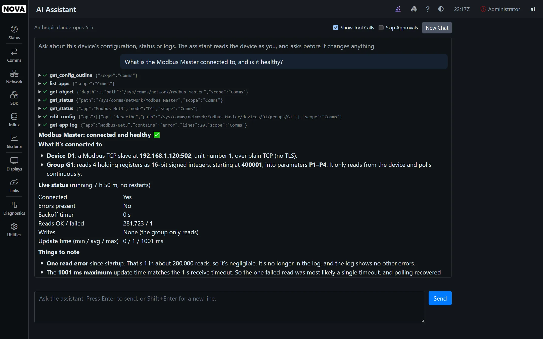 The AI assistant answering a question about a Modbus master's connection and health, with the tools it used listed above the answer