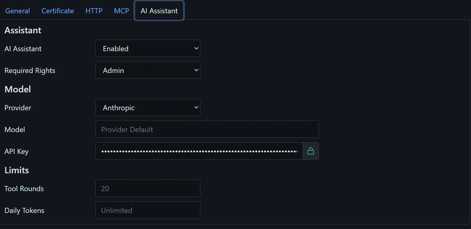 The AI Assistant settings: enable, required rights, provider, model, API key and limits