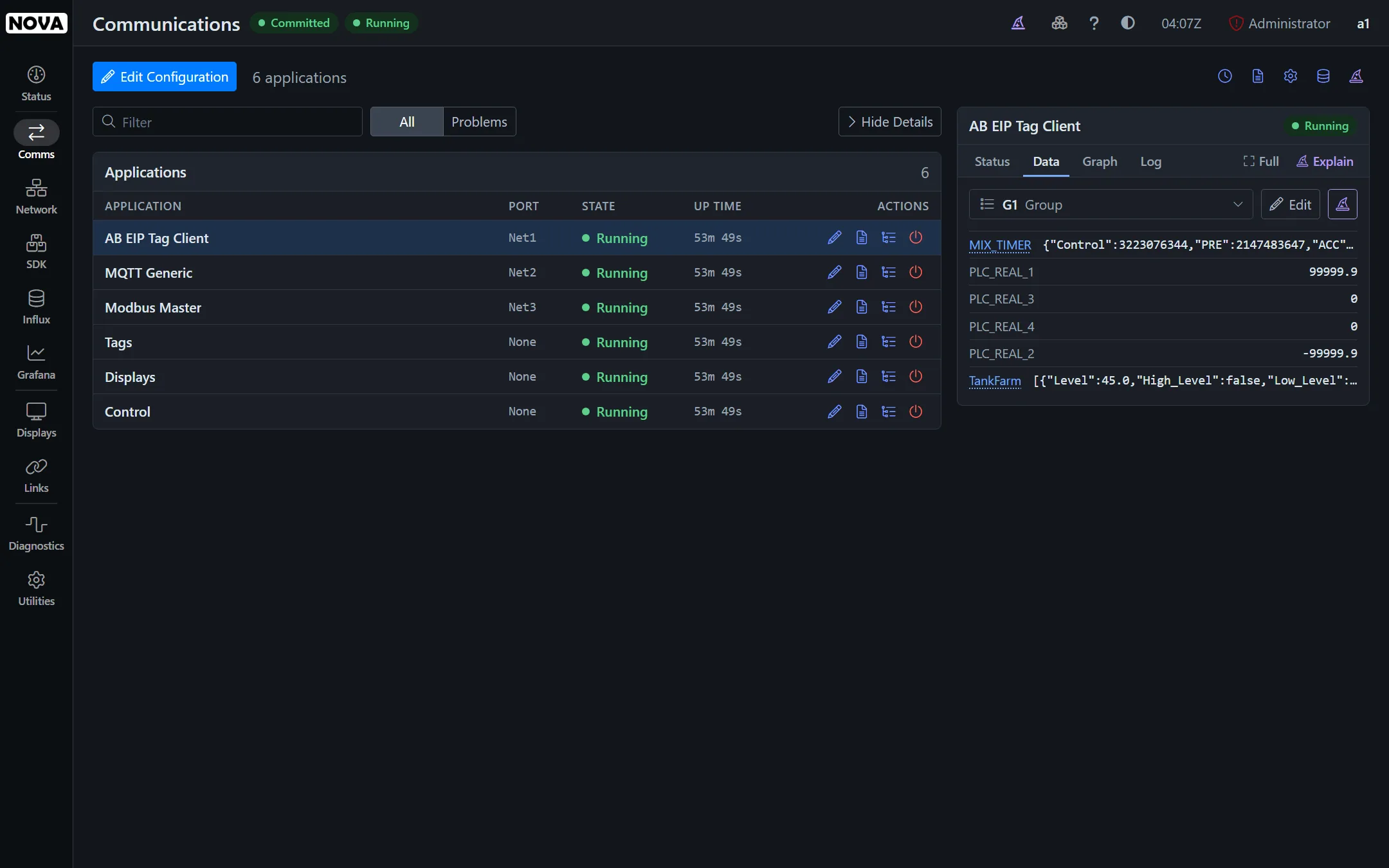 A Nova subsystem page, with the details panel showing live data