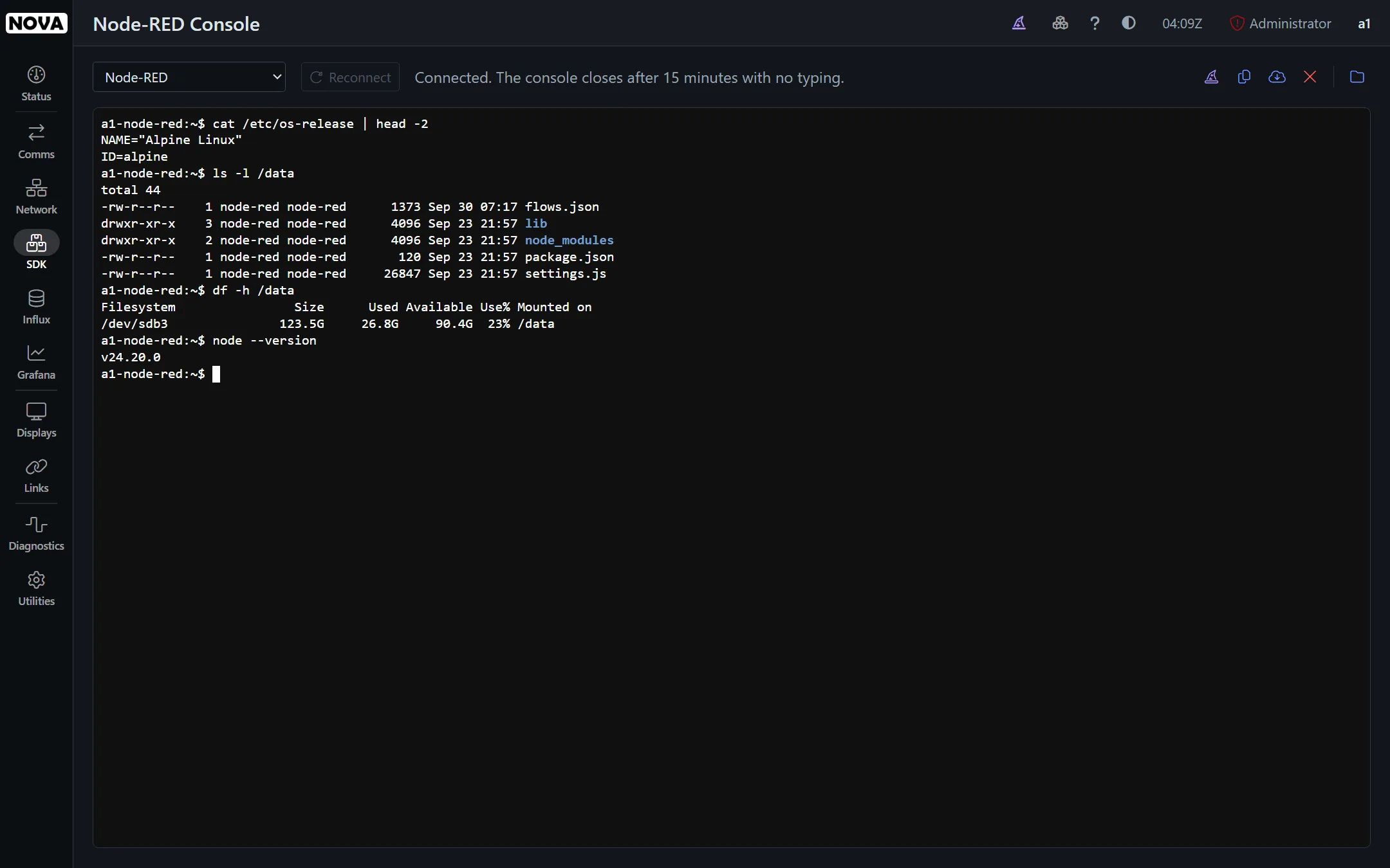 A console running inside the Node-RED container, in the browser