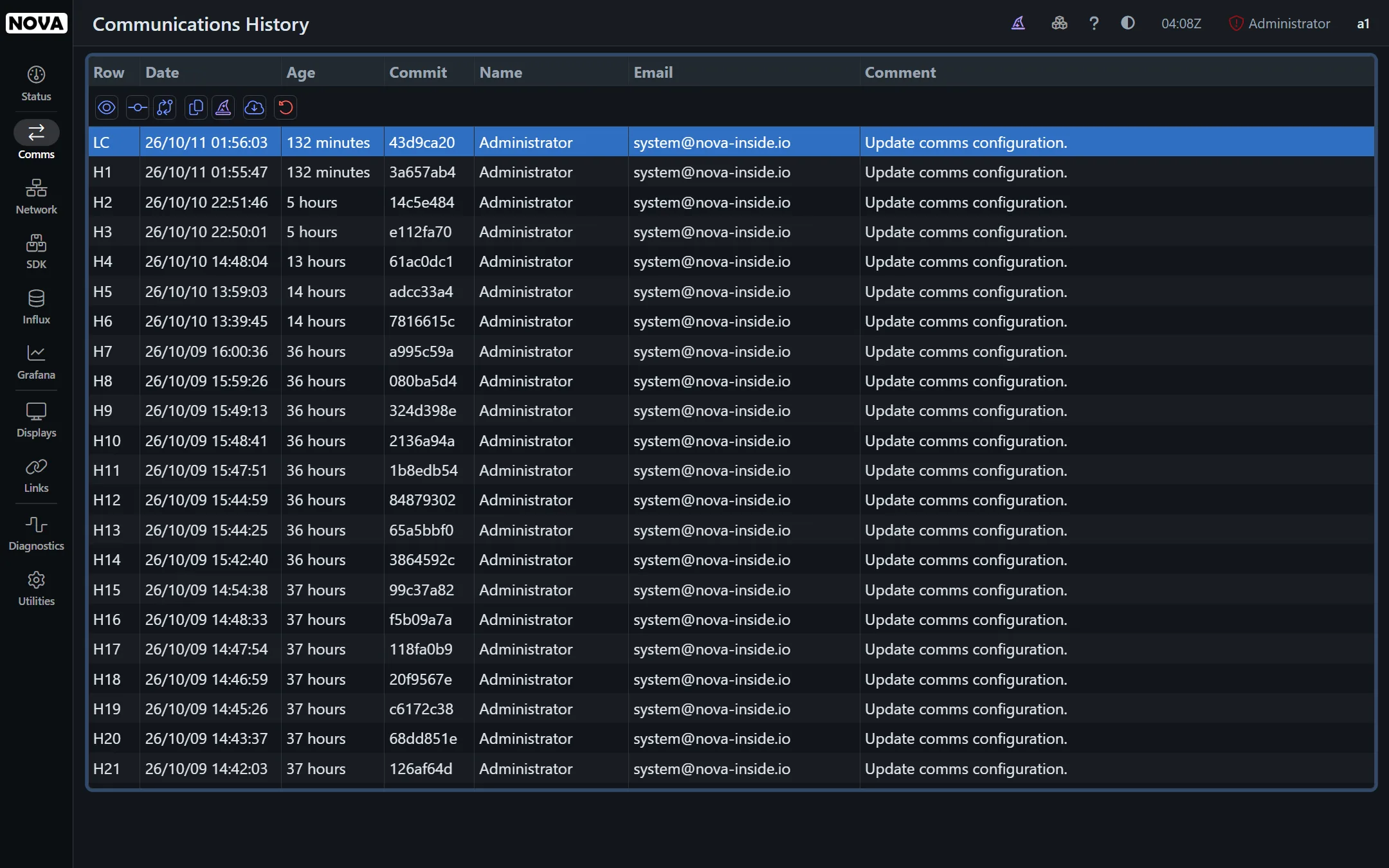 The configuration history, listing every commit with its author and time