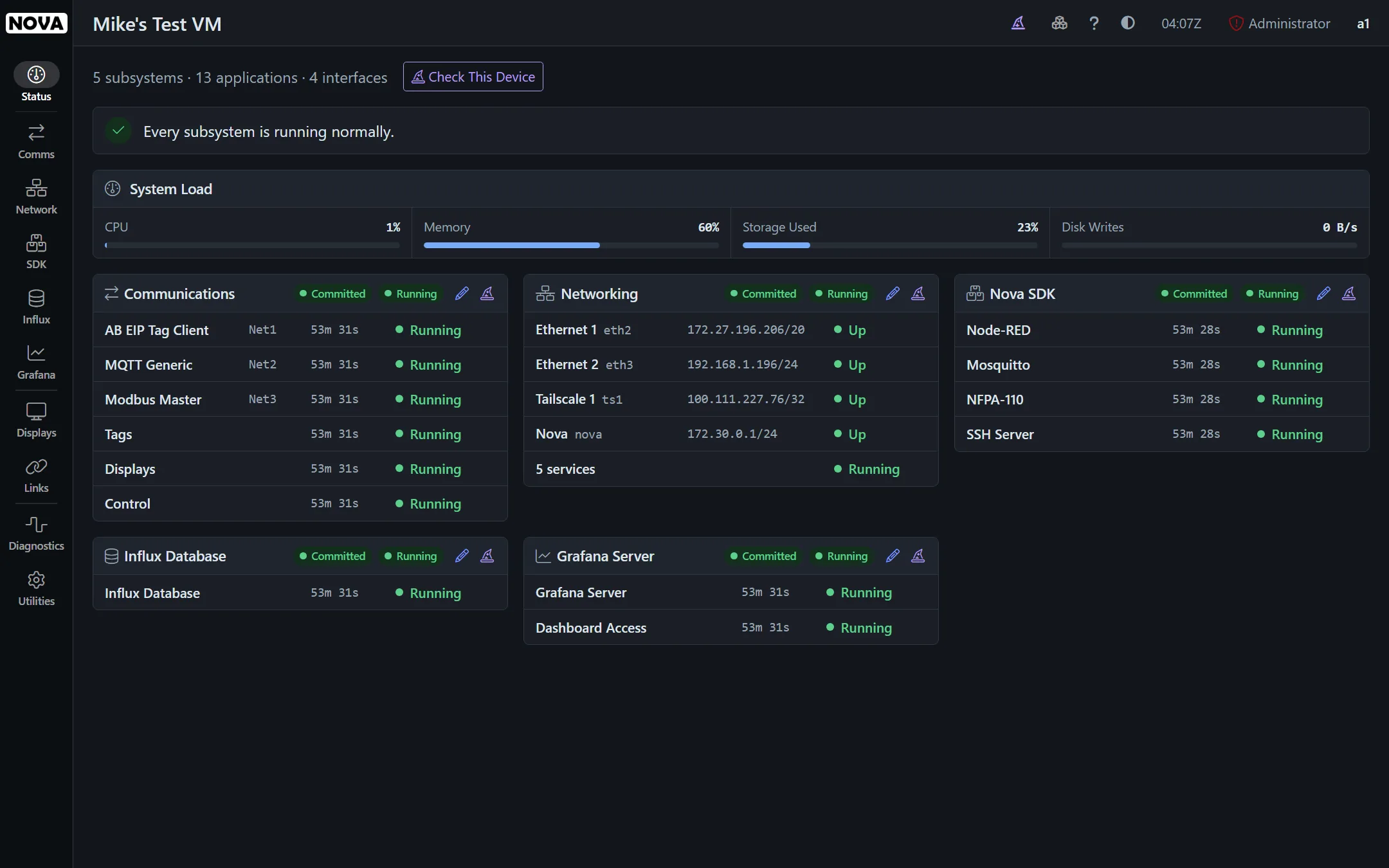The Nova status page, showing every subsystem and application on the device