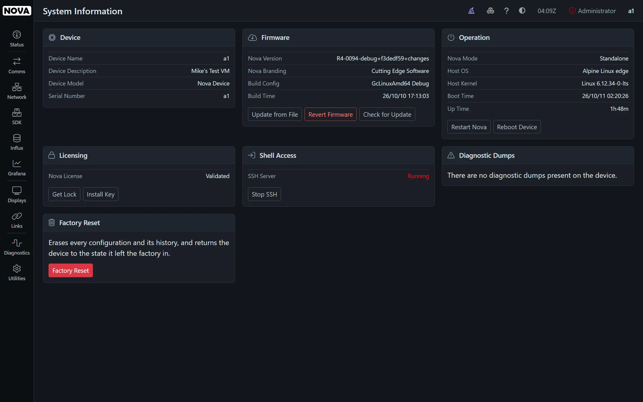 The System Information page, with device, firmware, operation and licensing tiles